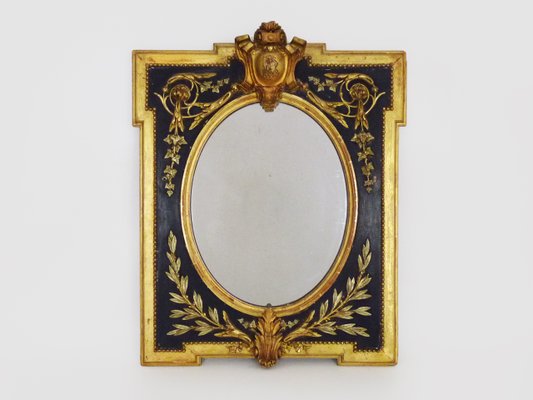 19th Century Napoleon III Oval Frame Mirror in Wood and Blackened Stucco with Golden Motifs-MZP-2019732