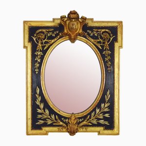 19th Century Napoleon III Oval Frame Mirror in Wood and Blackened Stucco with Golden Motifs-MZP-2019732