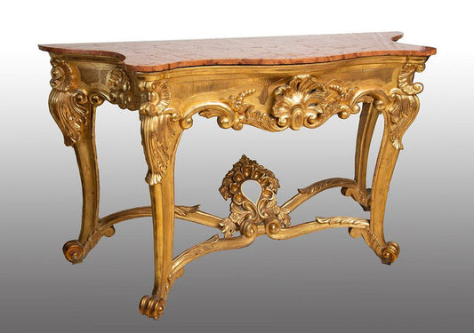 19th Century Neapolitan Console in Golden and Carved Wood with Red Marble Top from Luigi Filippo