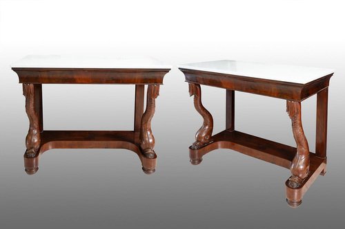 19th Century Neapolitan Empire Consoles in Mahogany Feather with White Marble Top, Set of 2