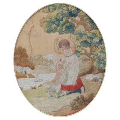 19th Century Needlepoint Depicting Child with Dog-ARU-1073198