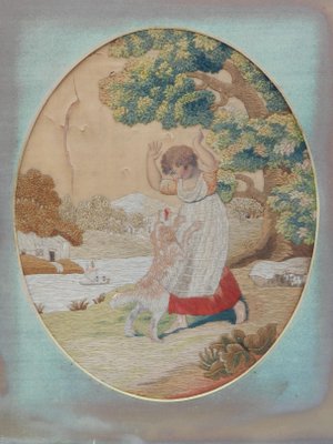 19th Century Needlepoint Depicting Child with Dog-ARU-1073198