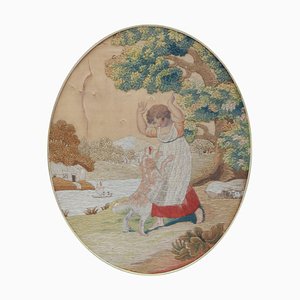 19th Century Needlepoint Depicting Child with Dog-ARU-1073198