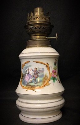 19th-Century Oil Lamp Floral & Couple in Faience-JZV-2036680