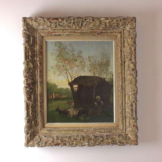 19th Century Painting School of Barbizon Rural Scene with Peasant Girl and Goats