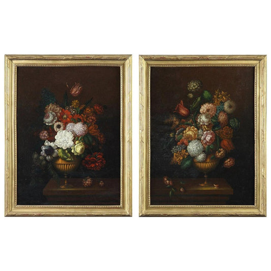 19th Century Paintings of Flower Bouquets, Set of 2