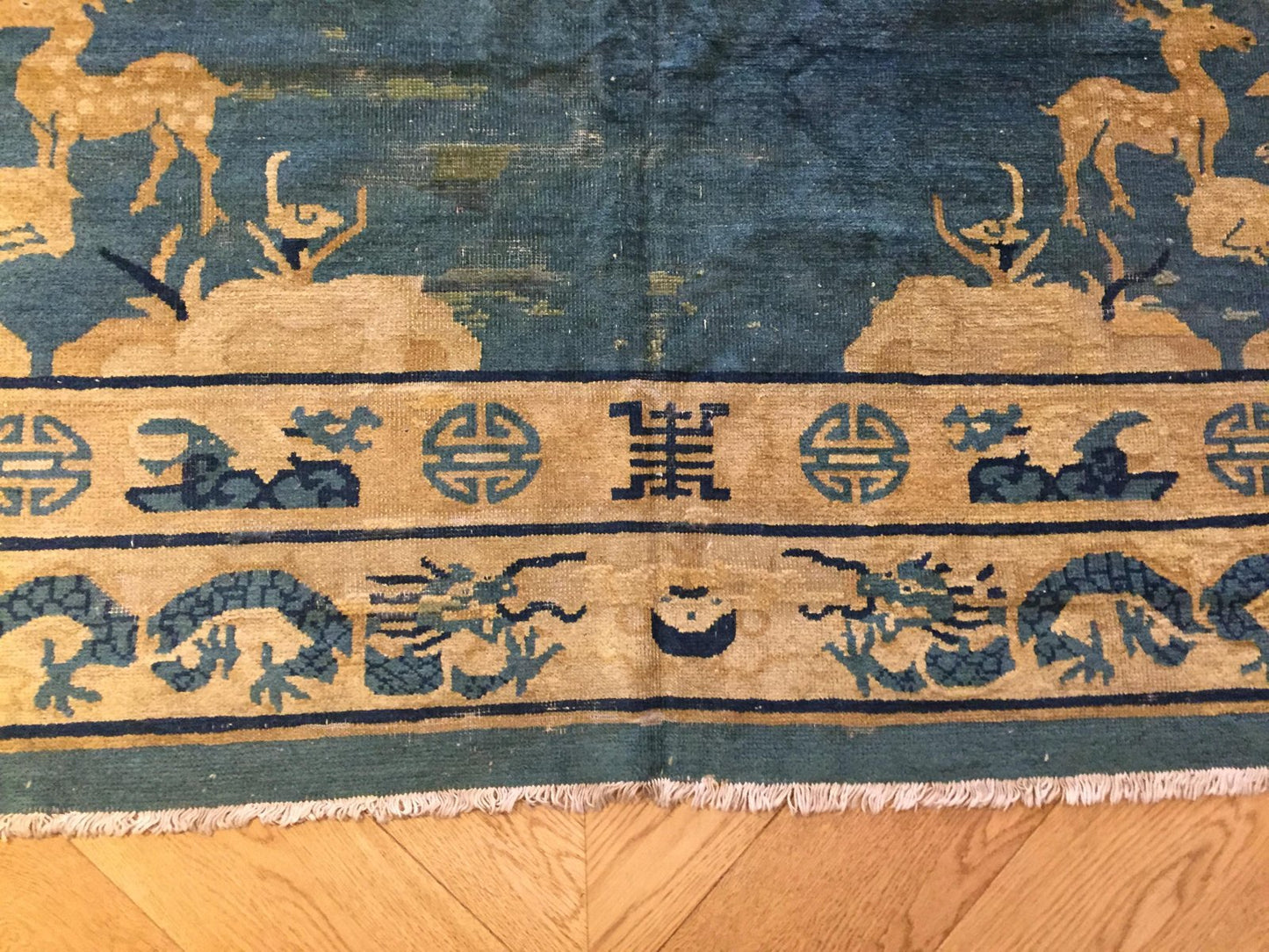 19th Century Peking Blu Rug with Longevity Deer and Dragons, 1870s