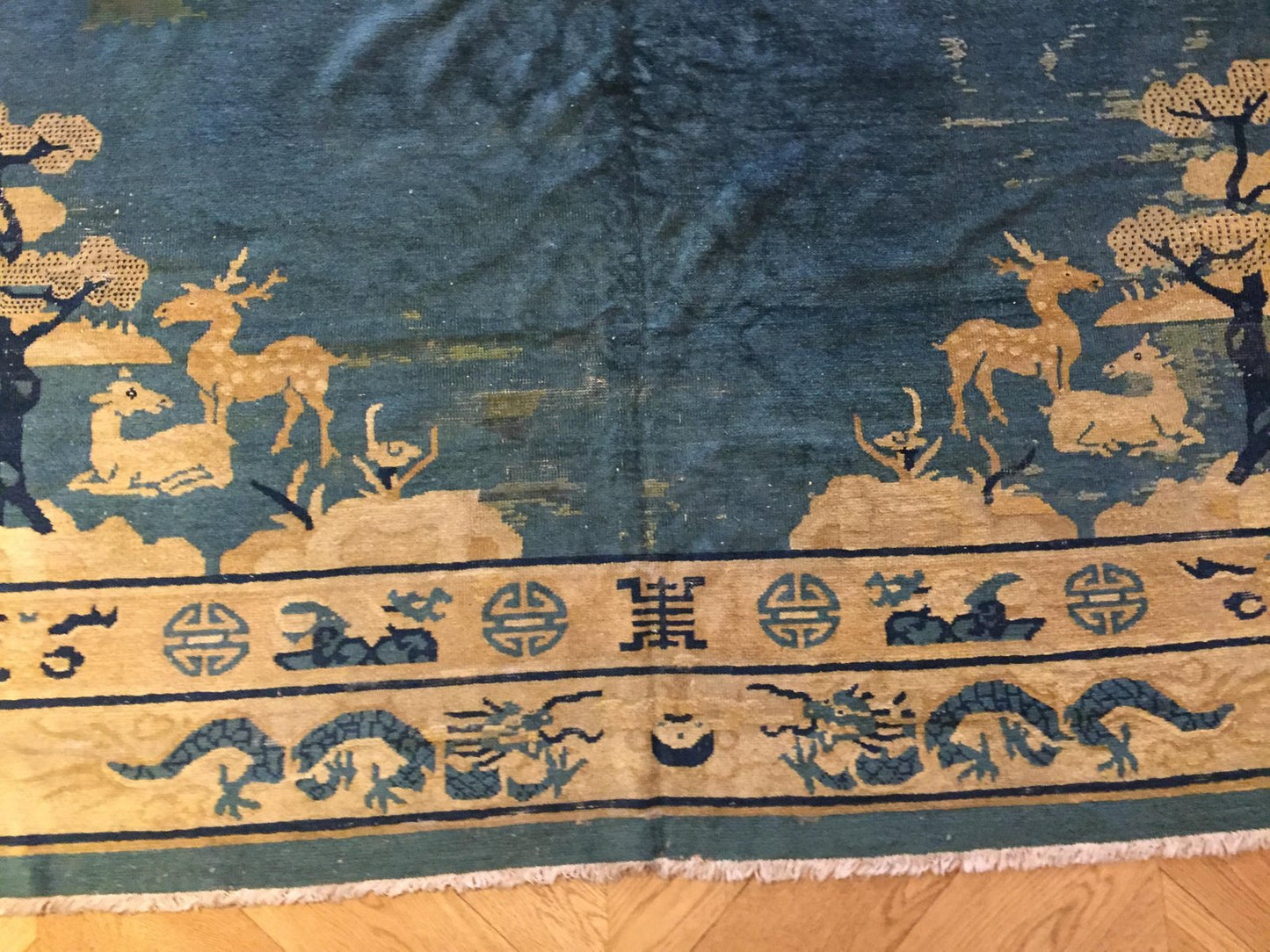 19th Century Peking Blu Rug with Longevity Deer and Dragons, 1870s