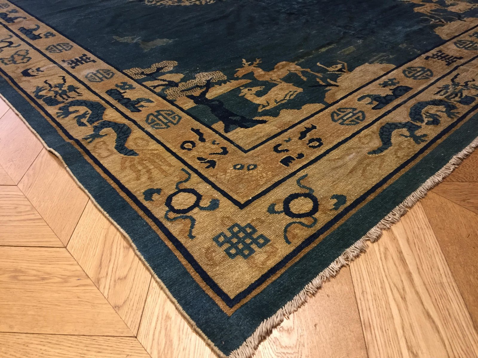 19th Century Peking Blu Rug with Longevity Deer and Dragons, 1870s