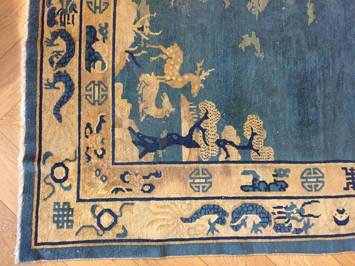 19th Century Peking Blu Rug with Longevity Deer and Dragons, 1870s