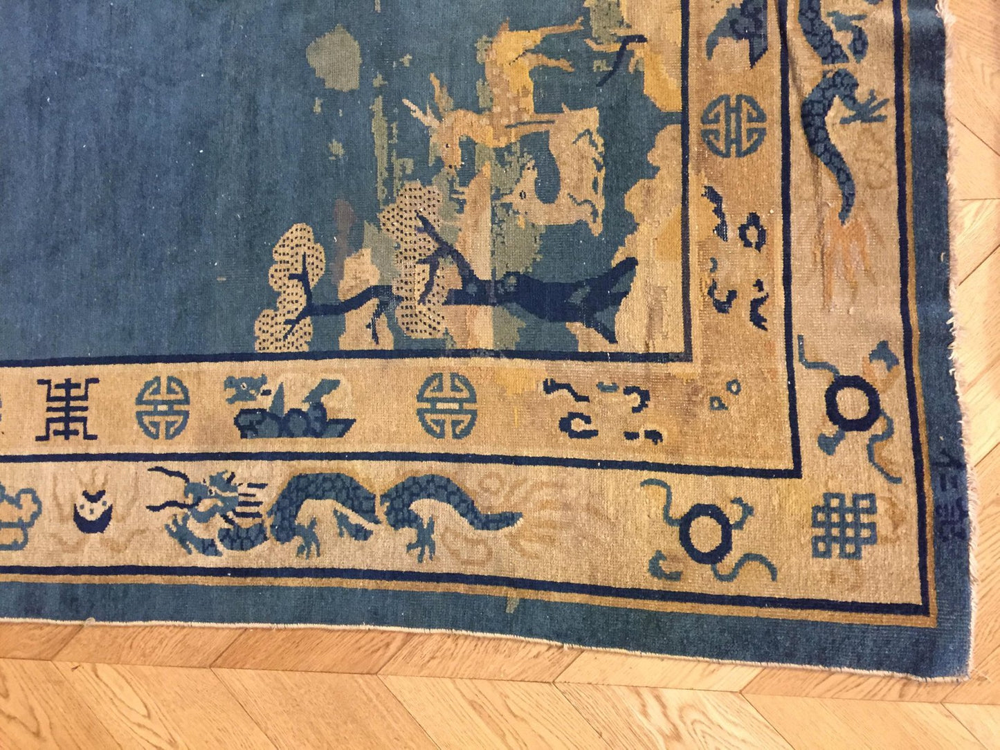 19th Century Peking Blu Rug with Longevity Deer and Dragons, 1870s