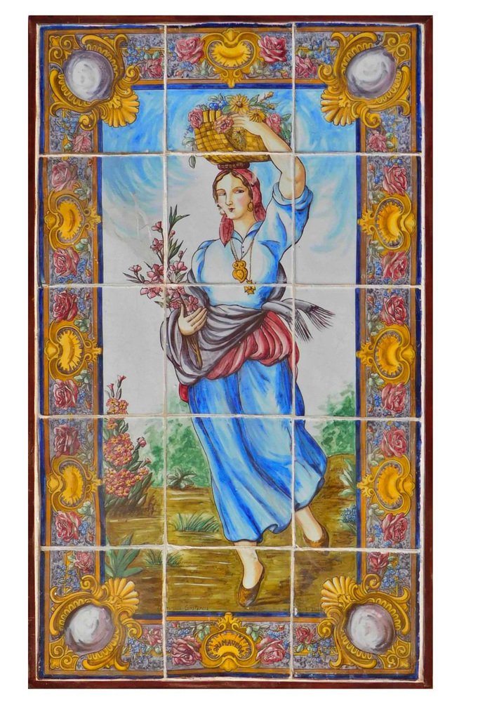 19th Century Portuguese Tiles Panel with Spring Time Decor, Set of 15