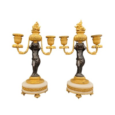 19th Century Putti Candleholders in Bronze, Ormolú and Marble, Set of 2-NUC-1813775