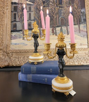 19th Century Putti Candleholders in Bronze, Ormolú and Marble, Set of 2-NUC-1813775