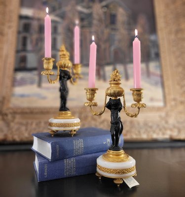 19th Century Putti Candleholders in Bronze, Ormolú and Marble, Set of 2-NUC-1813775