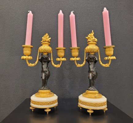 19th Century Putti Candleholders in Bronze, Ormolú and Marble, Set of 2-NUC-1813775