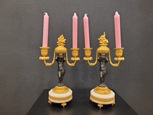 19th Century Putti Candleholders in Bronze, Ormolú and Marble, Set of 2-NUC-1813775