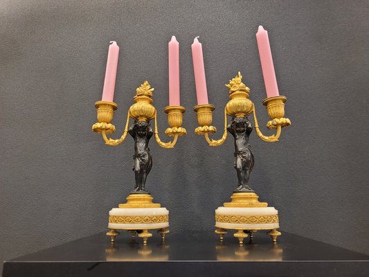 19th Century Putti Candleholders in Bronze, Ormolú and Marble, Set of 2-NUC-1813775