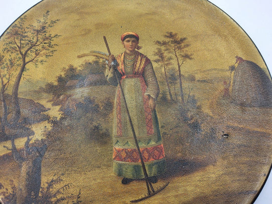 19th Century Russian Lacquer Vyshniakov Plate Depicts Female in Traditional Dress