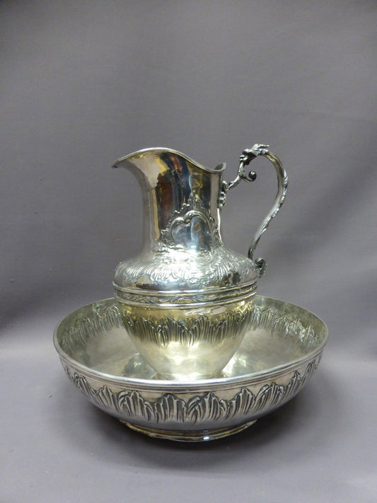 19th-Century Silver-Plated Ewer and Basin, Set of 2