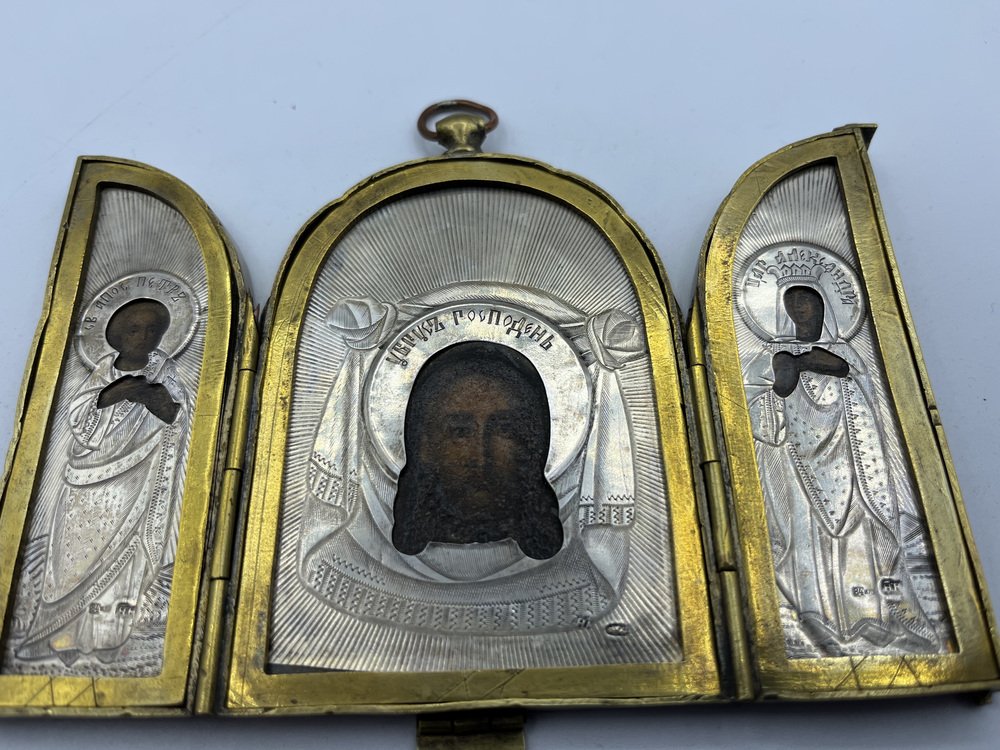 19th Century Silver Triptych Travelling Icon of St Alexandra and St Peter