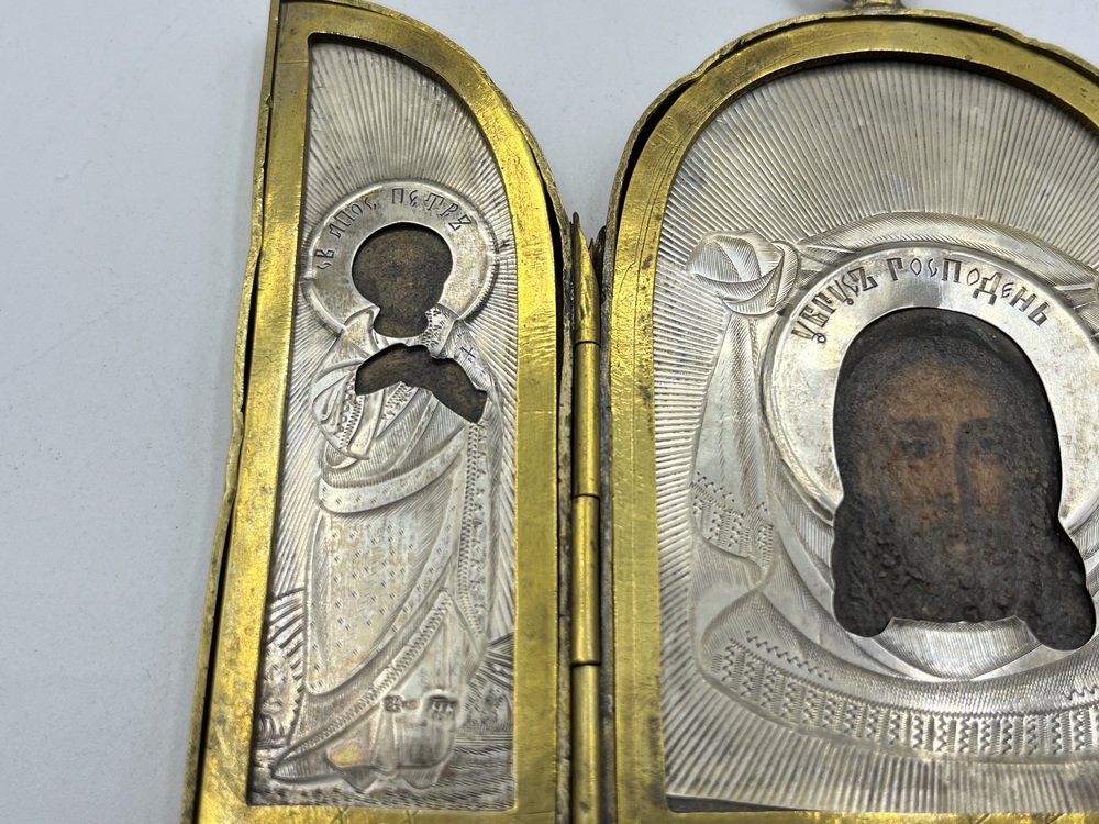 19th Century Silver Triptych Travelling Icon of St Alexandra and St Peter