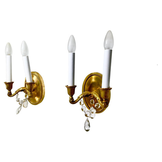 19th Century Solid Brass and Crystal Sconces, France, Set of 2