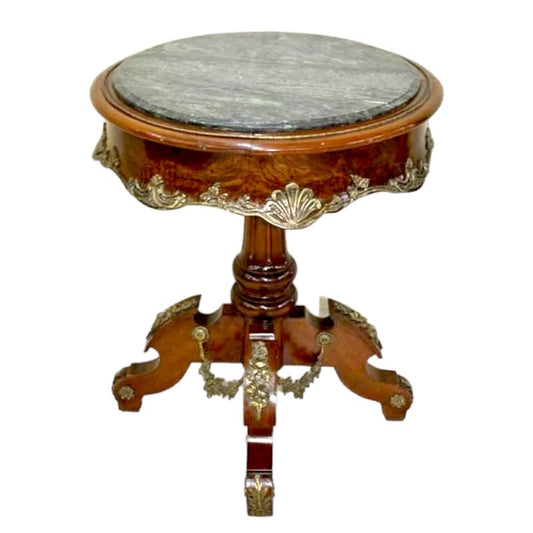 19th Century Spanish Auxiliar Table with Bronze Edges and Veined Green Marble Stone Top