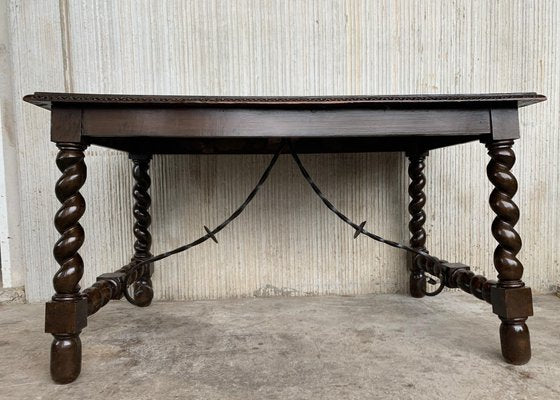 19th-Century Spanish Baroque Walnut Solomonic Leg Fratino Table with Iron Stretcher-PSK-1002606