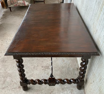 19th-Century Spanish Baroque Walnut Solomonic Leg Fratino Table with Iron Stretcher-PSK-1002606