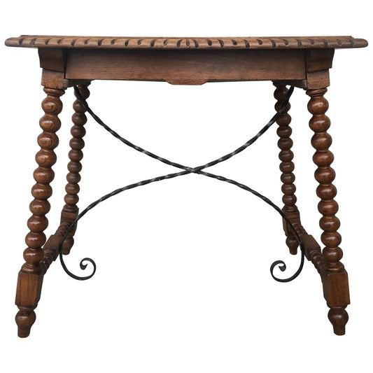 19th Century Spanish Farm Table with Iron Stretchers, Hand Carved Top & Drawer