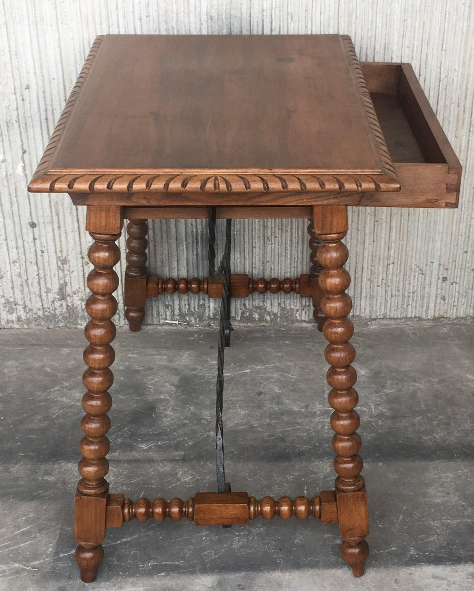 19th Century Spanish Farm Table with Iron Stretchers, Hand Carved Top & Drawer