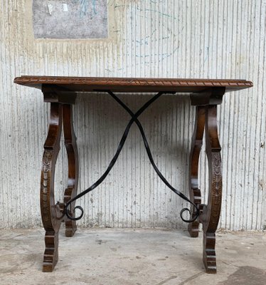 19th-Century Spanish Side Table in Walnut with Carved Lyre Legs and Top-PSK-1002608