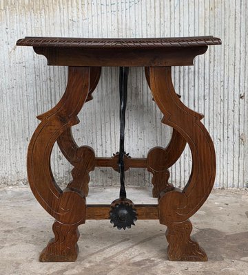 19th-Century Spanish Side Table in Walnut with Carved Lyre Legs and Top-PSK-1002608