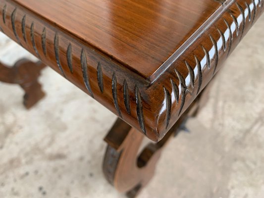 19th-Century Spanish Side Table in Walnut with Carved Lyre Legs and Top-PSK-1002608