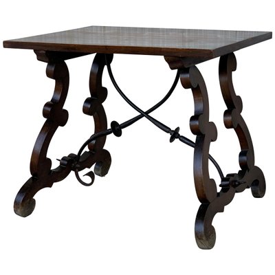 19th Century Spanish Side Table with Hand-Carved Lyre Leg & Iron Stretcher-PSK-1002978