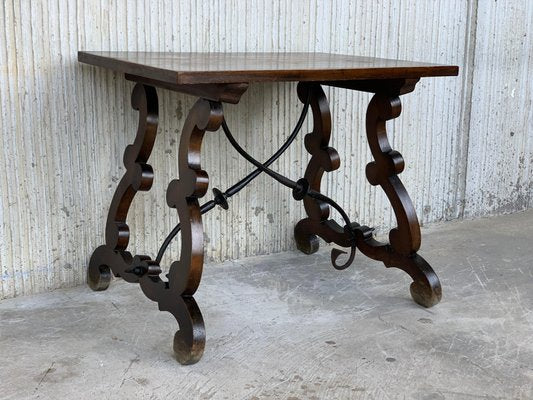 19th Century Spanish Side Table with Hand-Carved Lyre Leg & Iron Stretcher-PSK-1002978