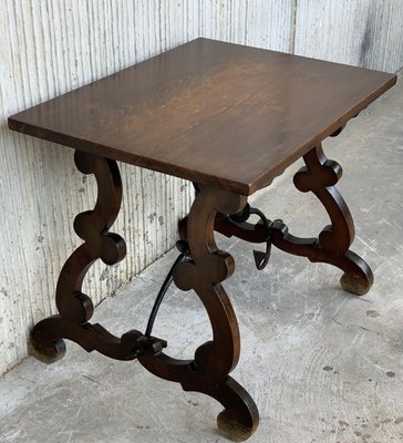 19th Century Spanish Side Table with Hand-Carved Lyre Leg & Iron Stretcher-PSK-1002978