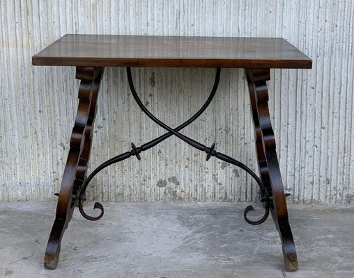 19th Century Spanish Side Table with Hand-Carved Lyre Leg & Iron Stretcher-PSK-1002978