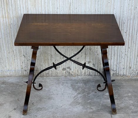 19th Century Spanish Side Table with Hand-Carved Lyre Leg & Iron Stretcher-PSK-1002978