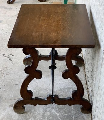 19th Century Spanish Side Table with Hand-Carved Lyre Leg & Iron Stretcher-PSK-1002978