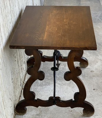 19th Century Spanish Side Table with Hand-Carved Lyre Leg & Iron Stretcher-PSK-1002978