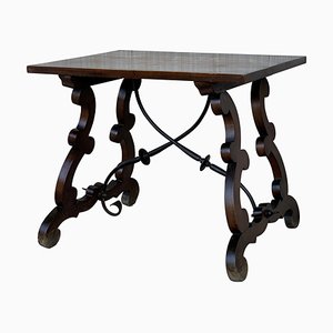 19th Century Spanish Side Table with Hand-Carved Lyre Leg & Iron Stretcher-PSK-1002978