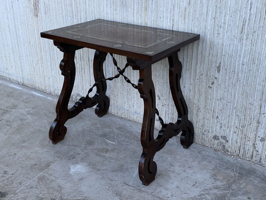 19th Century Spanish Side Table with Marquetry Top and Lyre Carved Legs