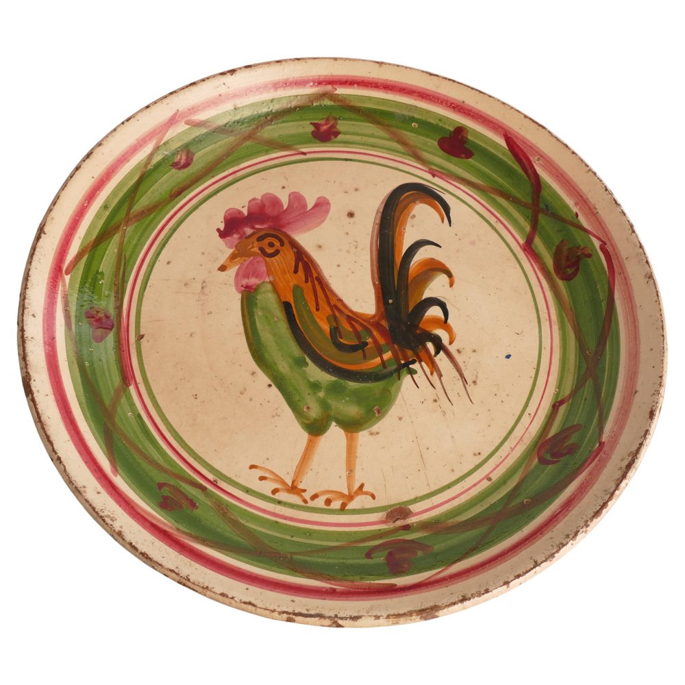 19th Century Swedish Folk Art Milk Bowl with Rooster Motif