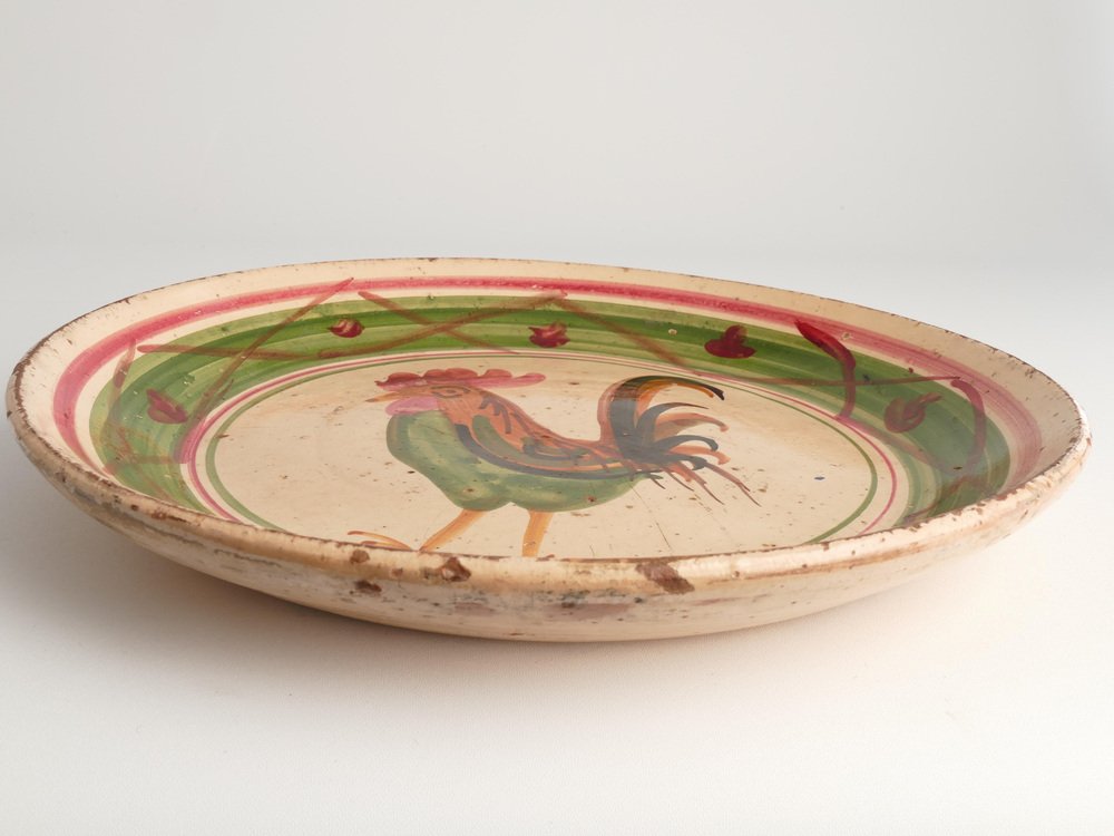 19th Century Swedish Folk Art Milk Bowl with Rooster Motif