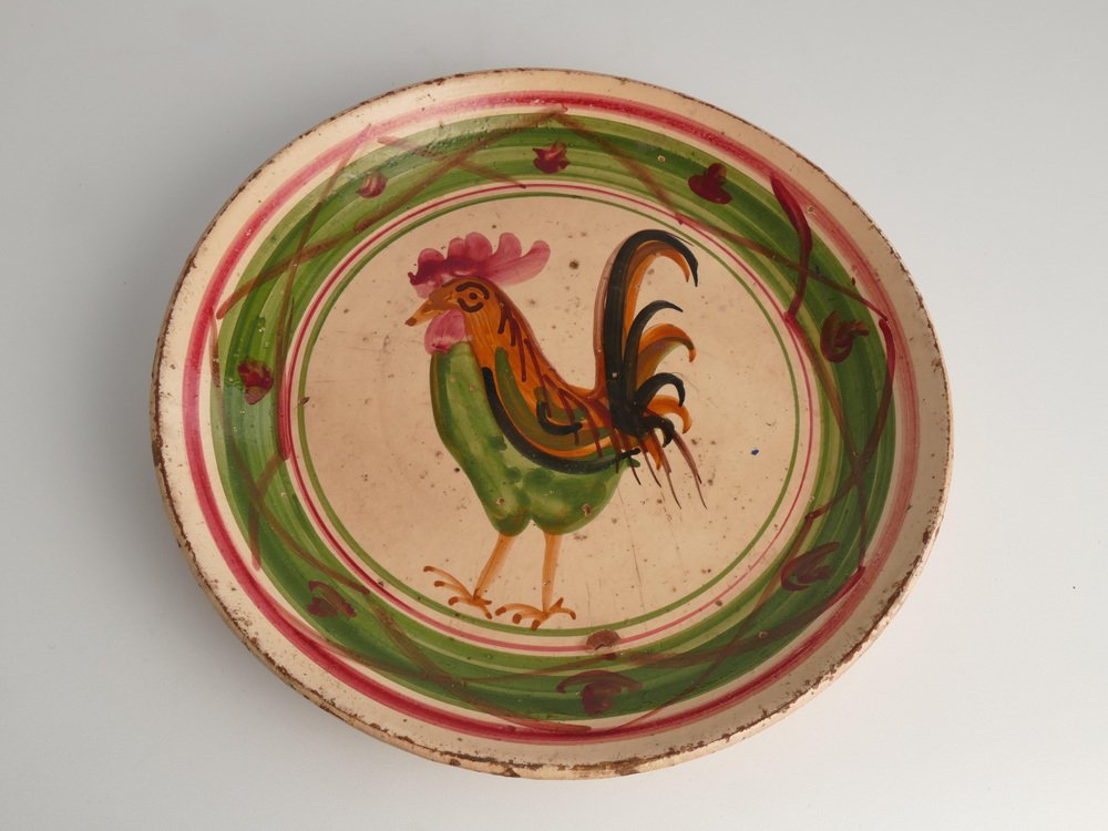 19th Century Swedish Folk Art Milk Bowl with Rooster Motif