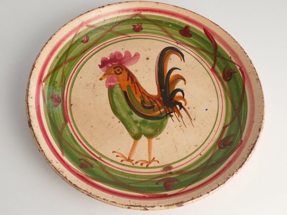 19th Century Swedish Folk Art Milk Bowl with Rooster Motif