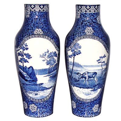 19th Century Swedish Porcelain Moose Blue Landscape Vases from Rörstrand, Set of 2-YGE-666516