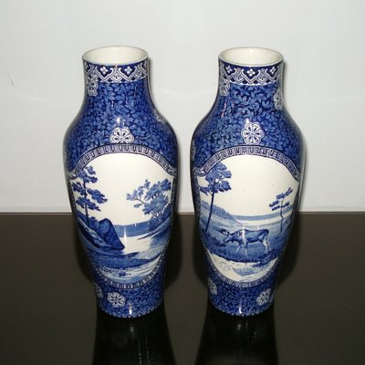 19th Century Swedish Porcelain Moose Blue Landscape Vases from Rörstrand, Set of 2-YGE-666516